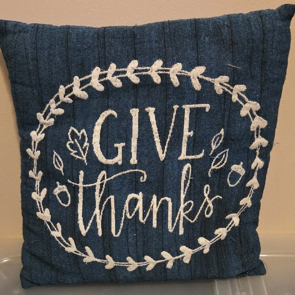 Blue 'Give Thanks' Decorative Pillow